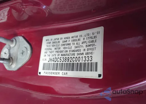 2002 Acura Rsx z USA, uszkodzony, nr VIN JH4DC53892C001333